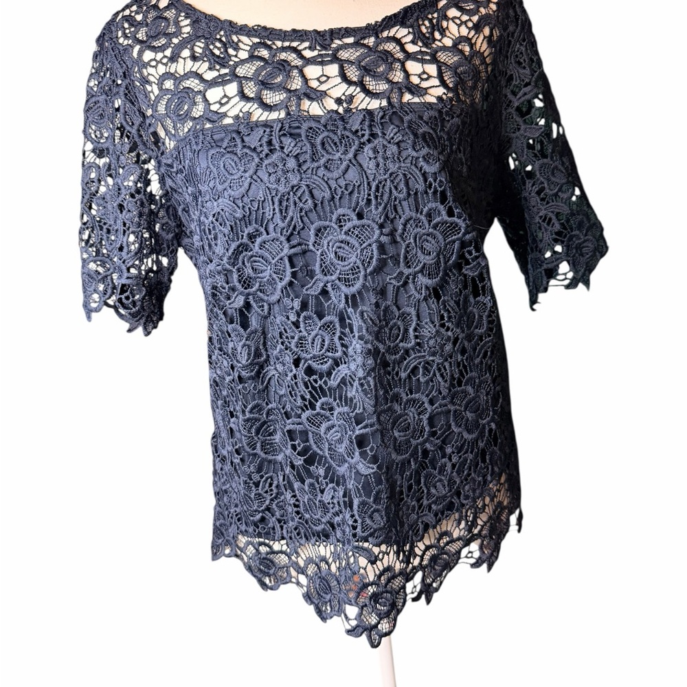 Nanette Lepore Navy Floral Lace Blouse